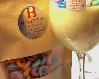 Fruit Loops Scented Soy Candle, Wine Glass, Cereal Wax Melts (50 HRS)