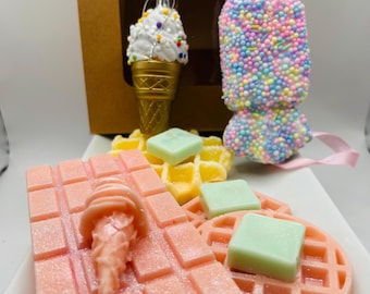 Paquete de ceras aromáticas de azúcar rosa: decoración con forma de gofre, cono de helado y caramelo.