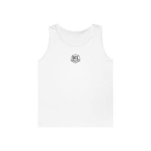 May include: White tank top with a crew neck and a small black emblem on the chest. The emblem features the letters "UDCI" above a banner with additional text. A casual, sleeveless shirt.