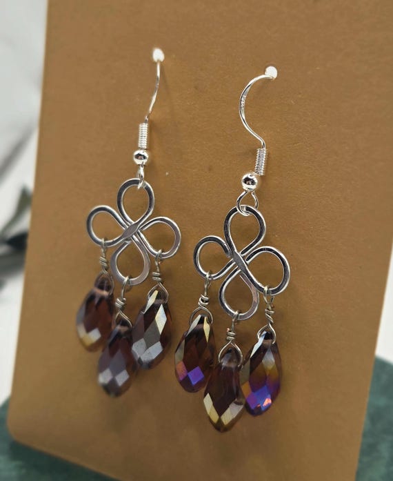 Sterling Silver Chandelier Earrings, Celtic Knot Clover Charms, Faceted Rainbow Glass Bead Drops, Earthy Elegant Statement Jewellery Gift