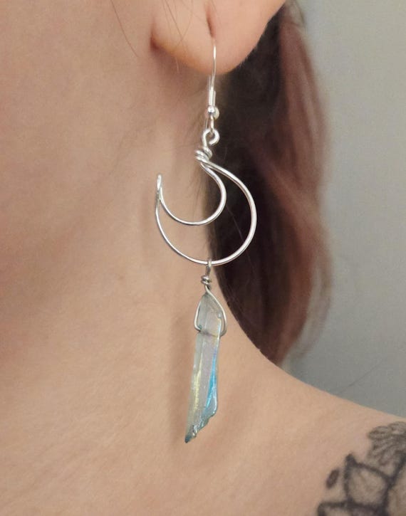 Sterling silver crescent moon dangle earrings with icy blue raw quartz crystal points, celestial witchy jewellery gift