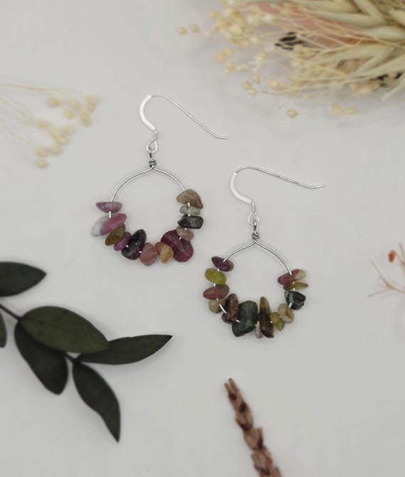 Multicolour Tourmaline Gemstone Hoop Earrings, with Sterling Silver Hooks