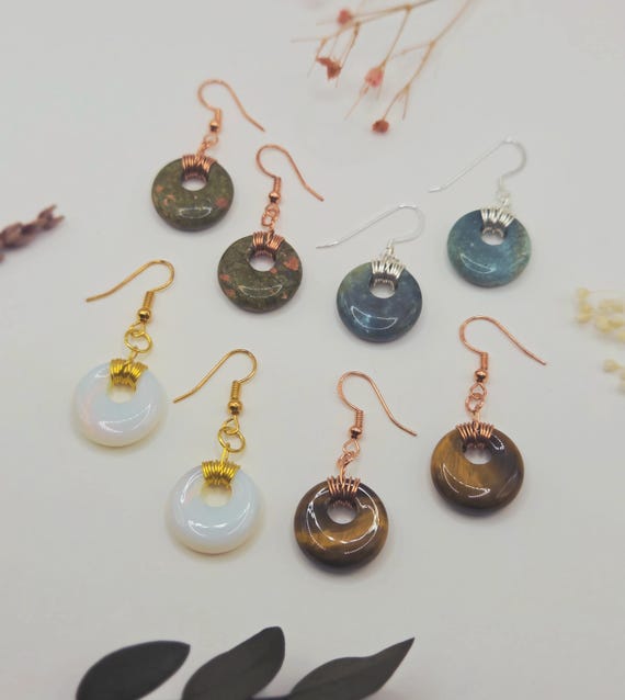 Wire Wrapped Polished Donut Gemstone Dangle Earrings, Sterling Silver Boho Crystal Jewellery Gift