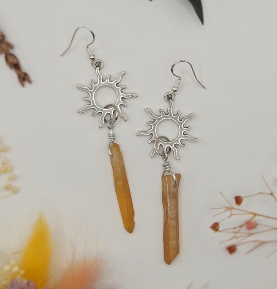 Sterling Silver Sun Charm Dangle Earrings, Champagne Aura Quartz Earrings, Raw Crystal Jewelry, Celestial Boho Gift for Her
