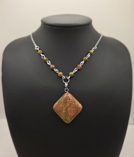 Unakite Pendant Gemstone Beaded Necklace, Square Shaped Stone, Unique Statement Crystal Jewellery Gift
