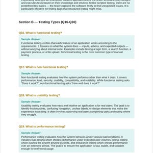 May include: A page from a QA Interview Prep Guide with the title "Section B - Testing Types (Q16-Q30)". The text describes functional, non-functional, usability, and performance testing. The guide is by @WealthWithSarahR.
