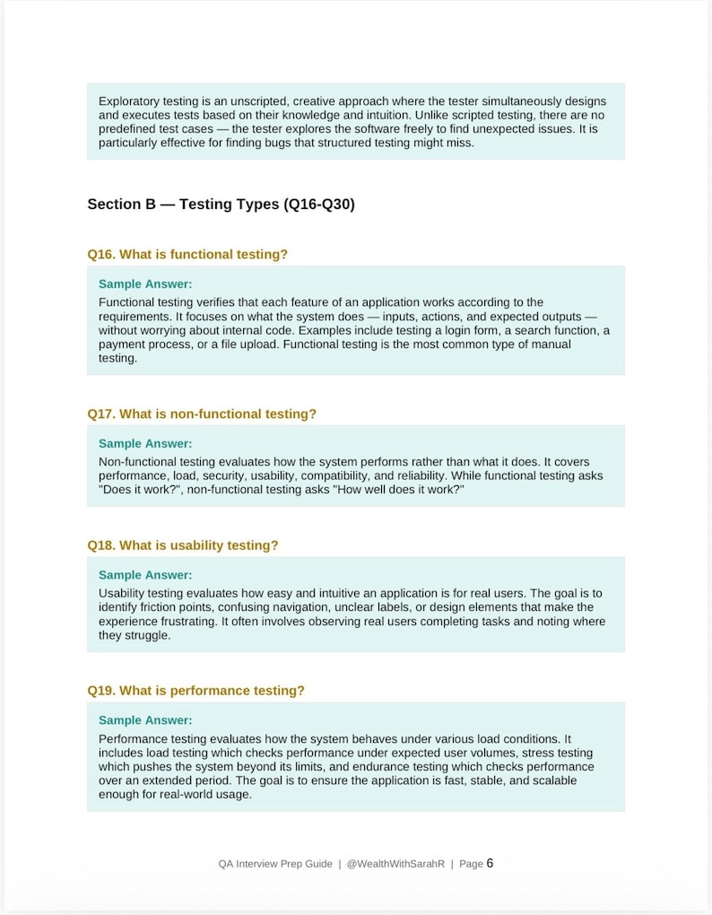 May include: A page from a QA Interview Prep Guide with the title "Section B - Testing Types (Q16-Q30)". The text describes functional, non-functional, usability, and performance testing. The guide is by @WealthWithSarahR.