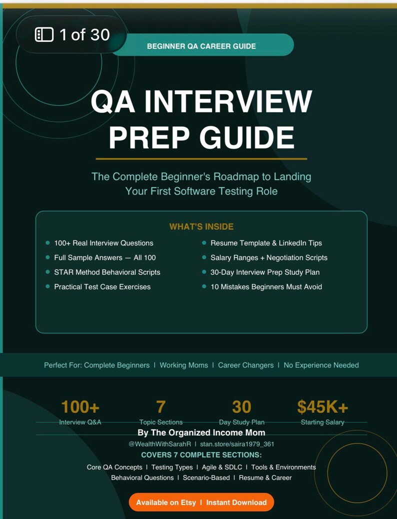 May include: A teal and white digital guide titled "QA Interview Prep Guide" for beginners. It includes interview questions, resume tips, and a 30-day study plan. The guide covers QA concepts, testing types, and Agile & SDLC.