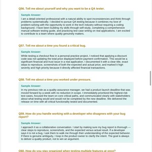 May include: A page from a QA Interview Prep Guide with the title "Section E - Behavioral Questions (Q56-Q70)". The page includes sample answers to interview questions about QA testing, such as finding bugs and working under pressure. The guide is by @WealthWithSarahR.