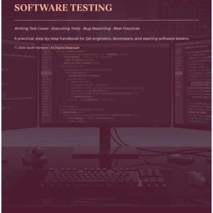 Op de afbeelding: Een boekomslag met de titel The Complete Guide to Manual Software Testing, QA Mastery Series First Edition. De tekst bevat Writing Test Cases, Executing Tests, Bug Reporting, Best Practices en 2024 Sarah Raheem All Rights Reserved.