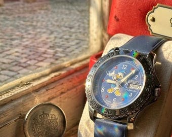 Reloj de pulsera Seiko 5 Mickey Mouse vintage para hombre, 21 joyas, mecánico automático, día/fecha.