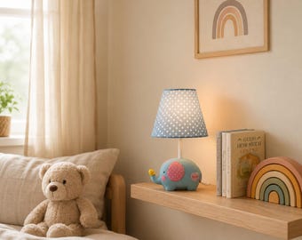 Pastel Nursery Lamp Cute Animal Night Light for Kids Room Ceramic Effect Resin Elephant Horse Bedside Lamp Fabric Polka Dot Shade Baby Gift