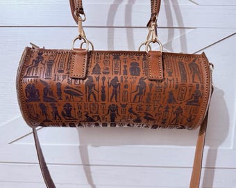 Leather Crossbody Egyptian Hieroglyphic Cowhide Bag, Lambskin Lined with Adjustable Strap