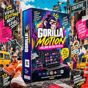 Op de afbeelding: Een Gorilla Motion software doos met een afbeelding van een gorilla met een zonnebril, met tekst waaronder "Video Editing Next Level", "50,000 Motion Effects" en "All In One Pack". De doos toont een laptop- en smartphonescherm.