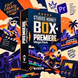 Puede incluir: Una caja de producto rectangular para Studios Monkey Premiere Mega Pack con un diseño azul oscuro y acentos naranjas y amarillos. La caja muestra a un skater, una cámara de video, una claqueta y el texto Premiere Mega Pack.