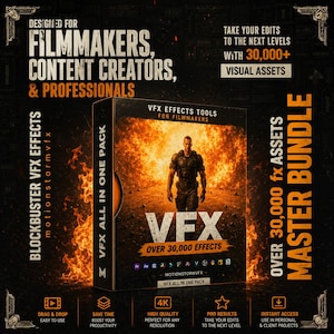 May include: A product box with the text "VFX" and "Over 30,000 Effects" is displayed. The box is labeled "VFX ALL IN ONE PACK" and "Master Bundle". The image also includes the text "Designed for Filmmakers, Content Creators, & Professionals".