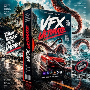 May include: A rectangular product box for MotionStorm VFX Ultimate featuring a red sports car on a coastal road with a giant octopus tentacle. The box displays text including VFX Ultimate, Over 30,000 Effects, Turn Ideas Into Impact, and No Limits.