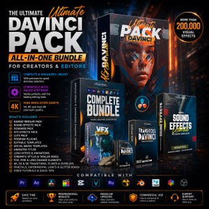 Op de afbeelding: De afbeelding toont The Ultimate DaVinci Pack, een alles-in-één bundel voor makers en editors. De afbeelding toont productdozen met tekst, waaronder "Complete Bundle" en "Sound Effects". Het pakket bevat assets met hoge resolutie en is compatibel met belangrijke software.
