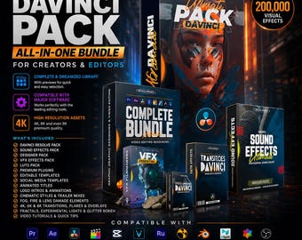 Complete package with over 200,000 items for DaVinci Resolve | LUTs, Titles, Overlays, Sound Effects, VFX | Cinematic Editing Package