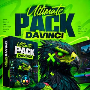 May include: A digital product box labelled Ultimate Pack Davinci featuring a stylised black eagle with glowing green eyes and a bright green X mark on its face. The background is vibrant green with text that reads Edit Color Create Without Limits.