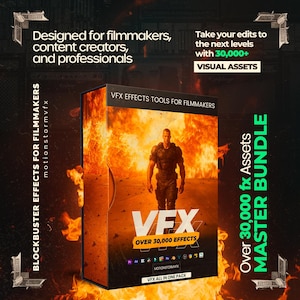 Puede incluir: Una caja de producto con un fondo de fuego y un hombre con equipo táctico. La caja dice "VFX OVER 30,000 EFFECTS" y "VFX EFFECTS TOOLS FOR FILMMAKERS". El texto también dice "Diseñado para cineastas, creadores de contenido y profesionales."