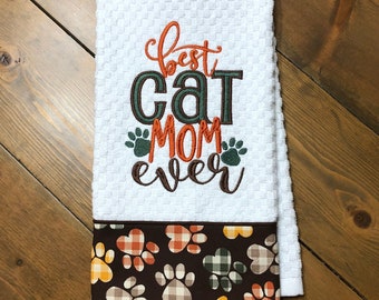 Cat Lover's Kitchen Towel Dish Towel Tea Towel Embroidered "Best Cat Mom Ever" brown fabric with gingham paw prints V2
