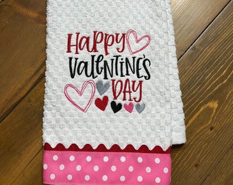 Valentine's Day Kitchen Towel Dish Towel Tea Towel Embroidered "Happy Valentine's Day" with hearts and polka dot ribbon trim