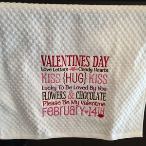 Valentine's Day Kitchen Towel Word Art Dish Towel Holiday Tea Towel Embroidered Kiss Subway Art image 5