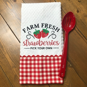 Embroidered Kitchen Towel Dish Towel Tea Towel Linens "Farm Fresh Strawberries Pick Your Own" with strawberry market sign style red gingham