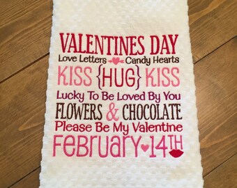 Valentine's Day Kitchen Towel Word Art Dish Towel Holiday Tea Towel Embroidered Kiss Subway Art