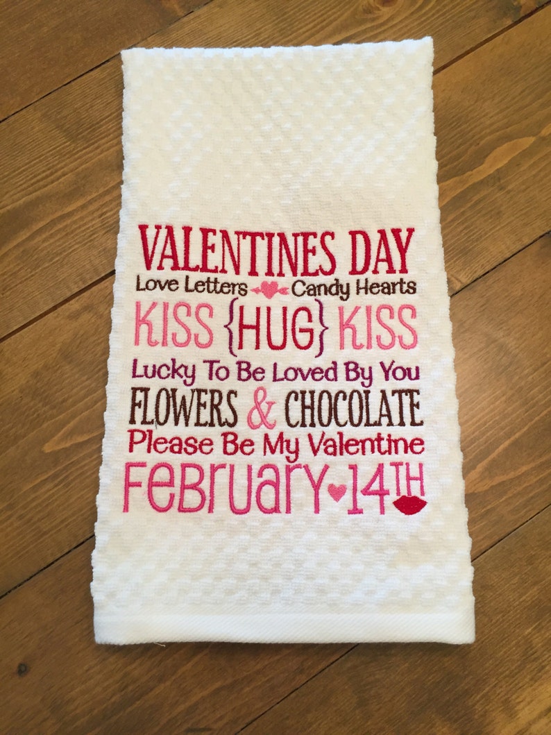Valentine's Day Kitchen Towel Word Art Dish Towel Holiday Tea Towel Embroidered Kiss Subway Art image 1