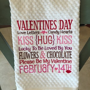 Valentine's Day Kitchen Towel Word Art Dish Towel Holiday Tea Towel Embroidered Kiss Subway Art image 3