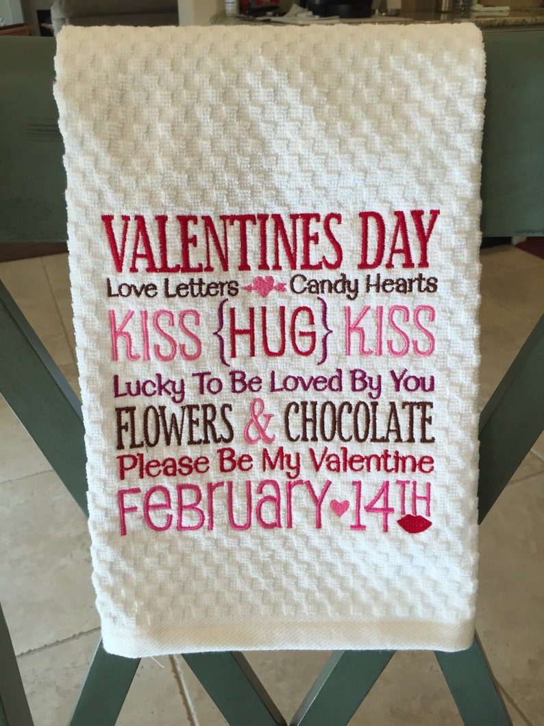 Valentine's Day Kitchen Towel Word Art Dish Towel Holiday Tea Towel Embroidered Kiss Subway Art image 3