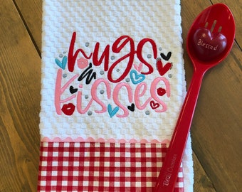 Valentine's Day Kitchen Towel Dish Towel Tea Towel Embroidered "Hugs and Kisses" Hearts and Red Gingham