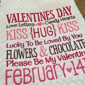 Valentine's Day Kitchen Towel Word Art Dish Towel Holiday Tea Towel Embroidered Kiss Subway Art image 2