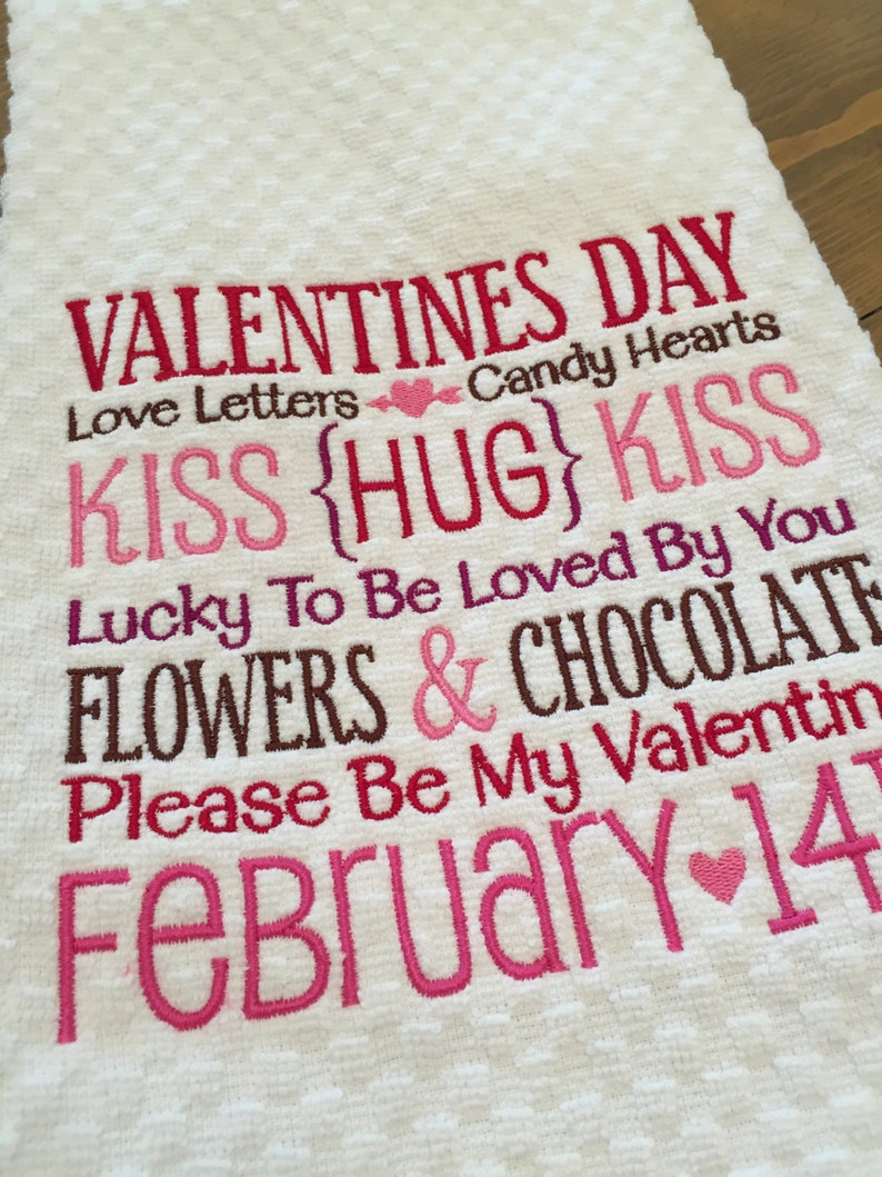 Valentine's Day Kitchen Towel Word Art Dish Towel Holiday Tea Towel Embroidered Kiss Subway Art image 2