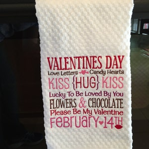 Valentine's Day Kitchen Towel Word Art Dish Towel Holiday Tea Towel Embroidered Kiss Subway Art image 4