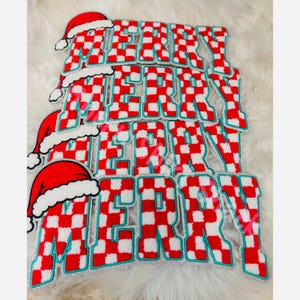 Merry Checkered Chenille Iron on Patch.  Christmas Iron Patch. Large Iron on. Merry Patch