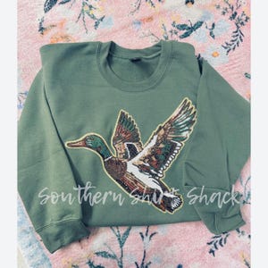 Sequin Mallard Patch Sweatshirt, Gildan Unisex Crewneck, Bestseller