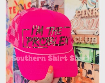 I'm The Problem, felroze, camouflage en geruite truckerpet, geruite truckerpet met print, schuimrubberen truckerpet, truckerpet bar