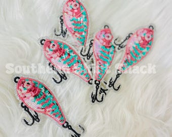 Sequin Fishing Lure Iron On Hat Patch. Summer Themed Hat Patch. Hat Bar Patches. Trendy Hat Patch. Beachy Fishing Hat Patch.