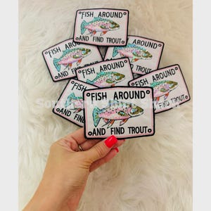 Sequin Trout Fish Around and Find Out Iron On Hat Patch. Hat Bar Patches. Trendy Fish Hat Patch. Beachy Fishing Hat Patch.