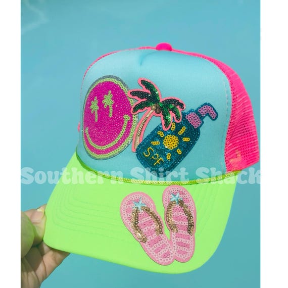 Beachy Neon Trucker Hat, Neon Pink, Green, and Blue, Foam Trucker Hat, Trucker Hat Bar, Summer Trucker Hat