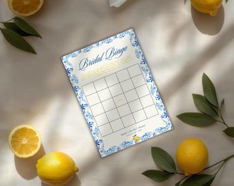 Dolce Vita - Italian Summer Bridal Shower Bingo Template | Editable Canva Template | Lemon Blue Tile
