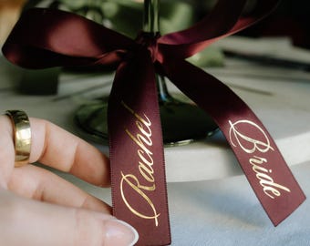 Double Sided Personalized Satin Ribbon Place Cards – Custom Wedding Event Drink Tags - Bridal Shower Table Decor