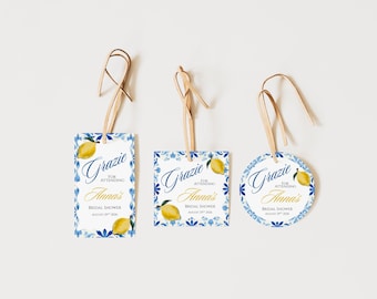 Dolce Vita Bridal Shower Gift Tag Bundle, Italian Blue Tile Favor Tags, Editable Template