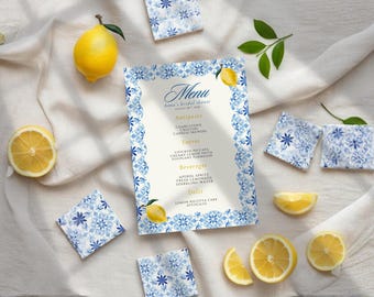 Dolce Vita Italian Bridal Shower Menu Template | Editable Canva Template | Lemon Blue Tile