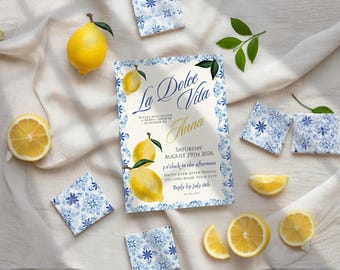 Dolce Vita Bridal Shower Invitation, Italian  Blue Tile, Editable Canva Template, Digital Download