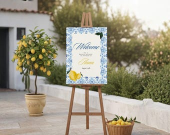 Dolce Vita Bridal Shower Welcome Sign – Lemon & Blue Tile (Editable Canva Template)