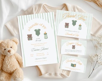 Bear Baby Shower Invitation, Diaper Raffle, Books for Baby Bundle Template, Gender Neutral